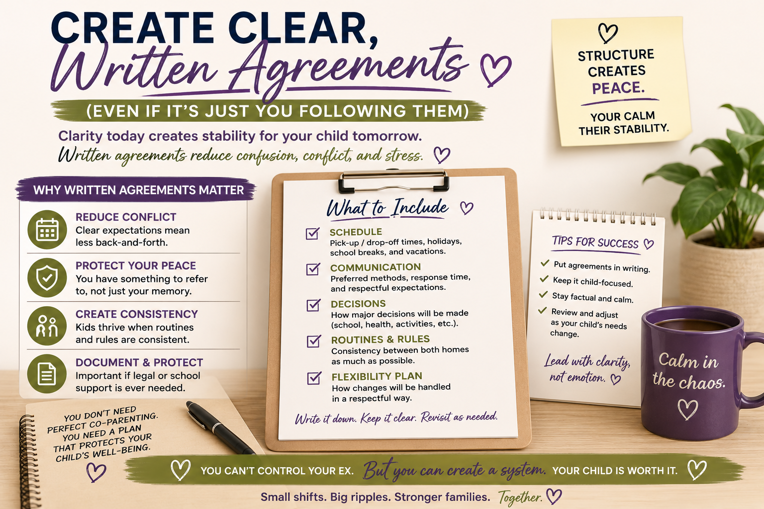 Co-parenting written agreements infographic showing parenting schedules, communication plans, routines, and boundaries that help reduce conflict and create stability for children
