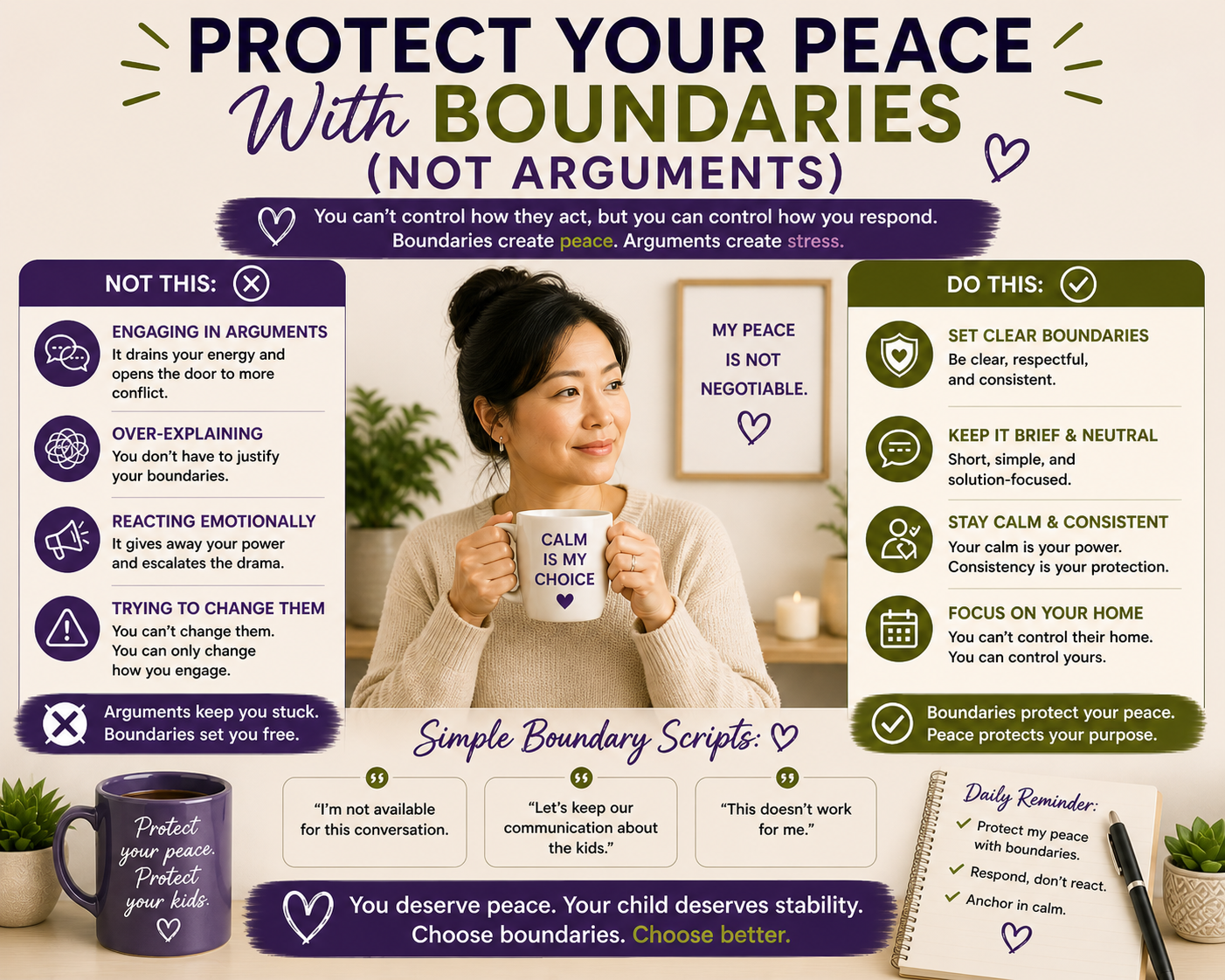 Healthy co-parenting image encouraging parents to protect their peace with boundaries instead of arguments during difficult co-parenting situations