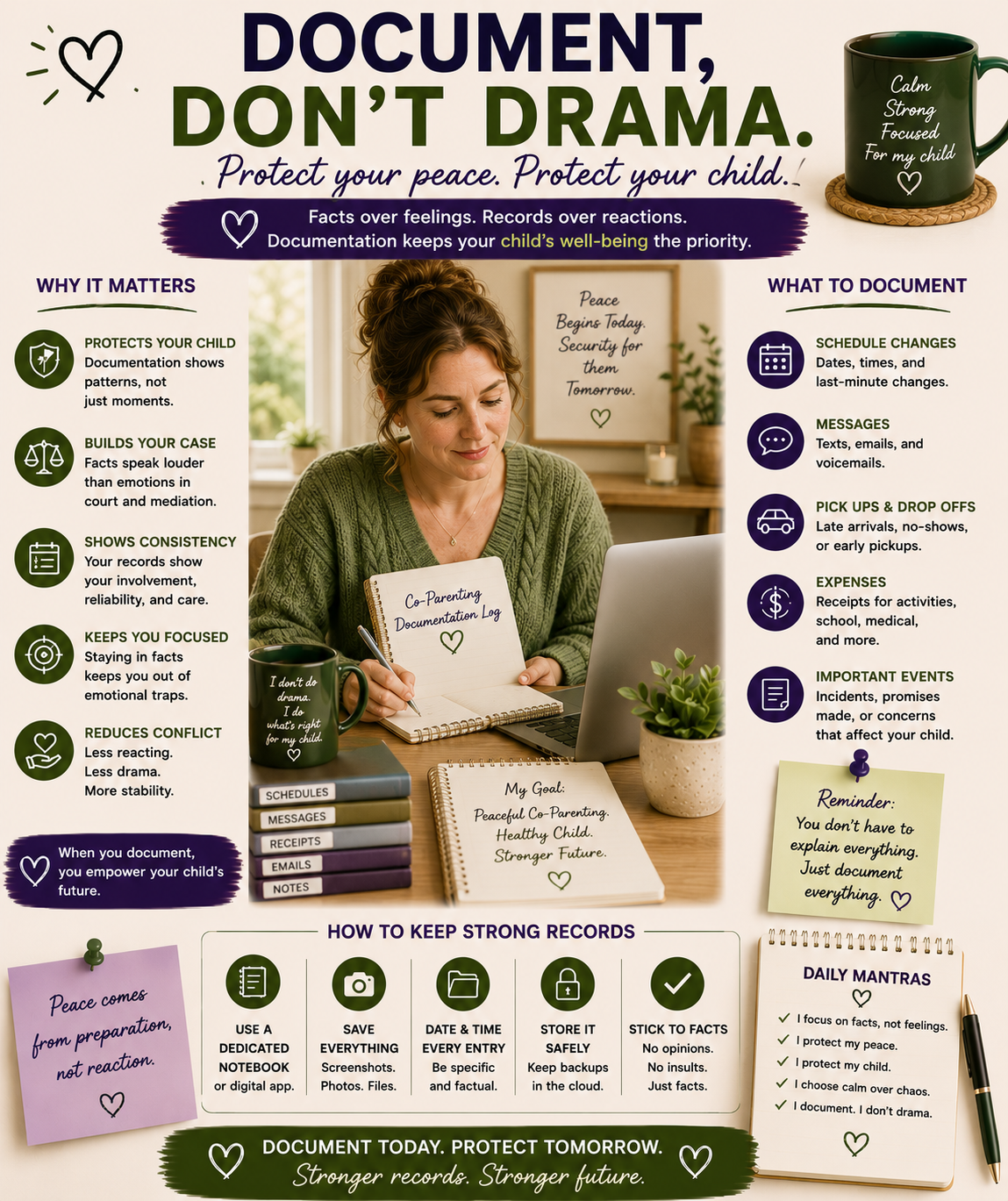 Healthy co-parenting infographic encouraging parents to use documentation, schedules, and organized records to create calmer family systems