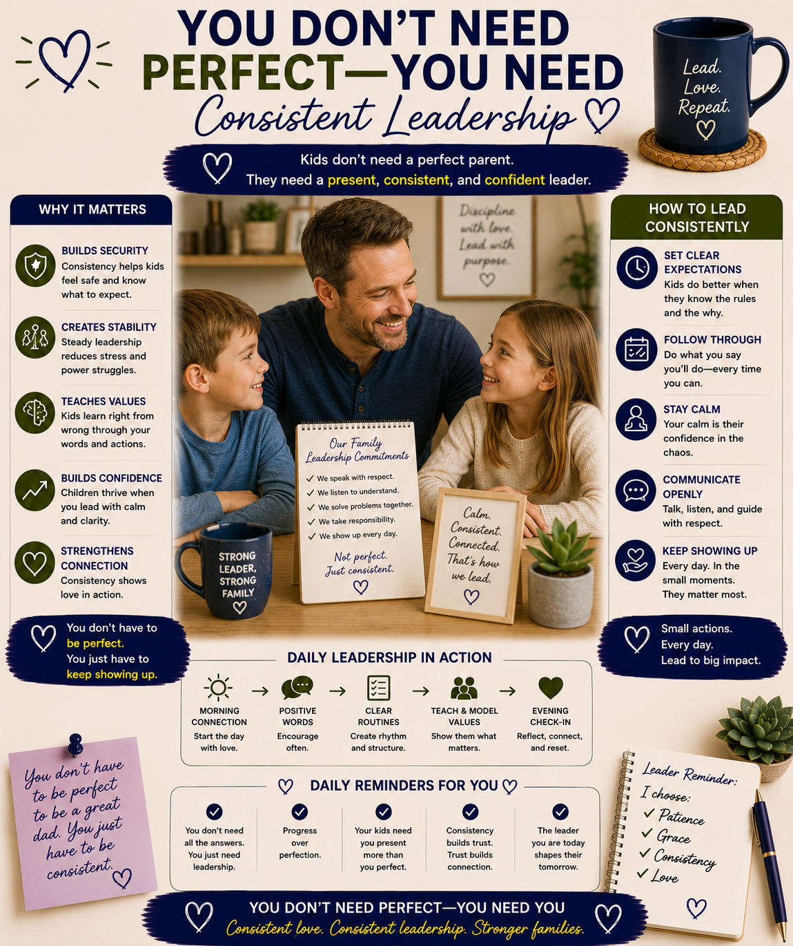 Healthy parenting image teaching fathers that children need consistent leadership, emotional safety, and connection more than perfection