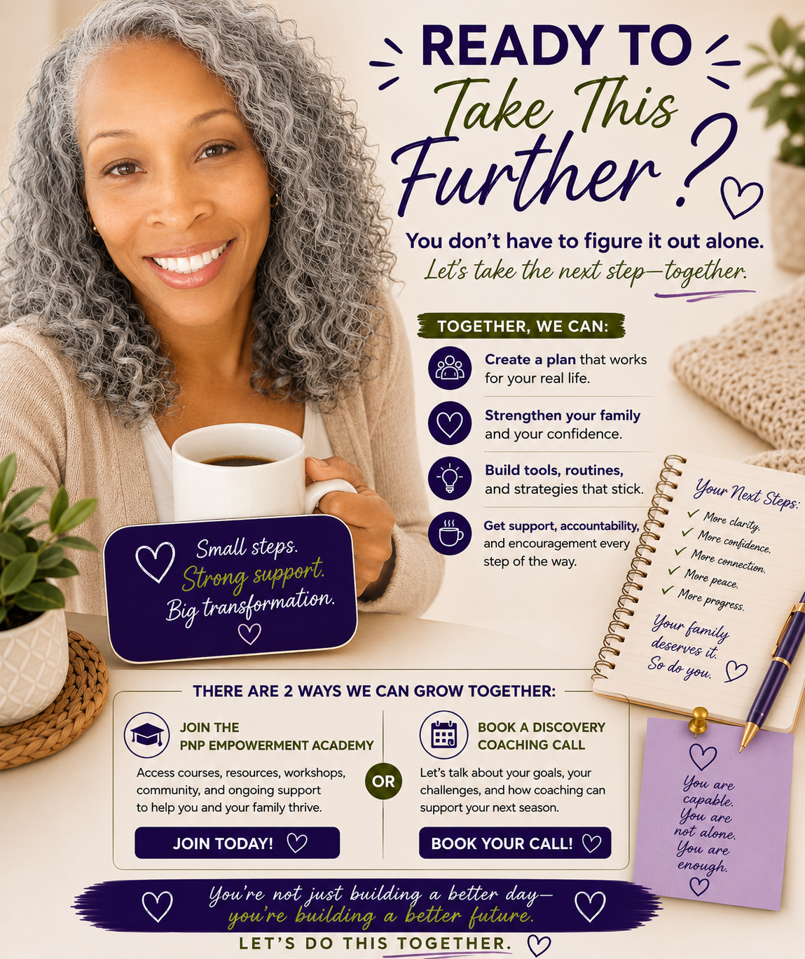 Parenting coach and family empowerment mentor inviting parents to join the PNP Empowerment Academy and Discovery Coaching Call for parenting support, emotional wellness, and family growth