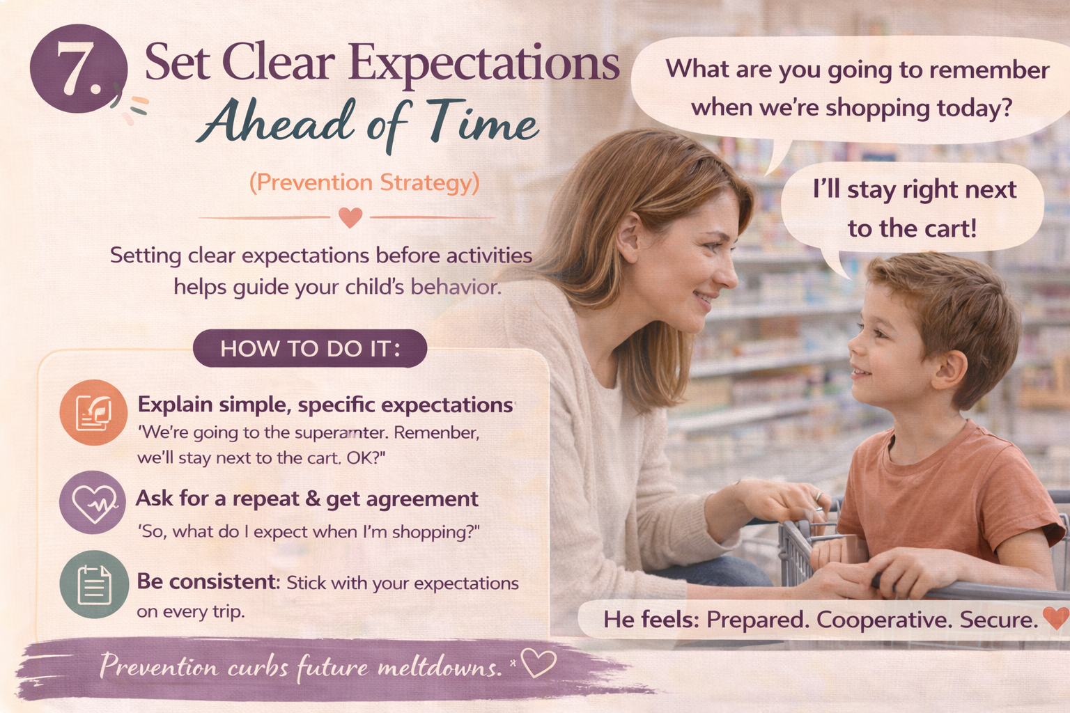 Mother sets clear expectations with her young son before shopping, demonstrating proactive parenting strategies that guide behavior, build cooperation, and prevent conflicts.