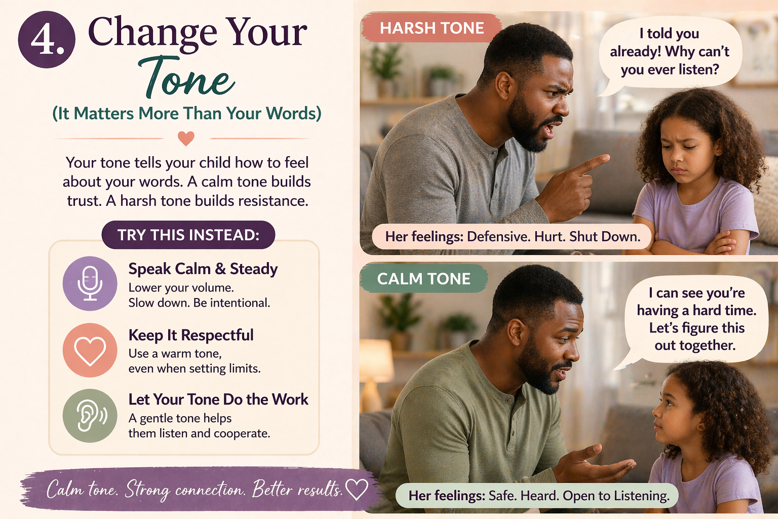 Father speaks gently to his child with a calm tone, demonstrating positive parent-child communication and how respectful parenting builds trust and cooperation.