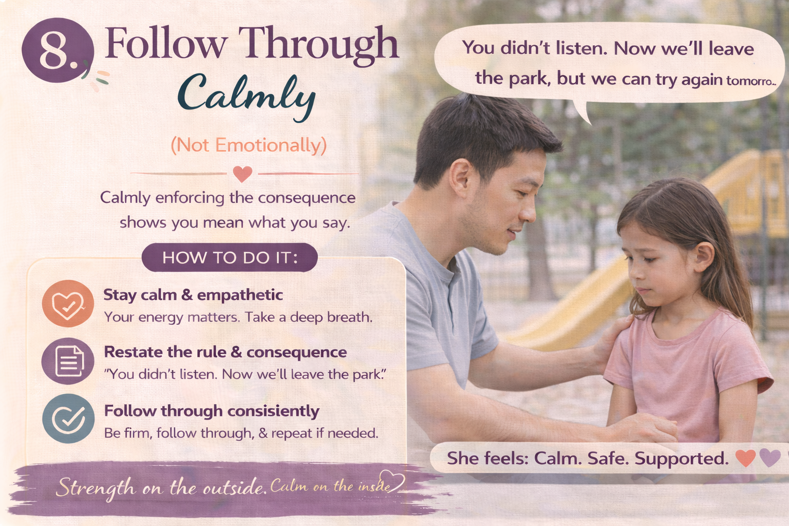 father calmly follows through with consequences while speaking gently to his daughter, demonstrating consistent parenting, emotional control, and respectful parent-child communication.