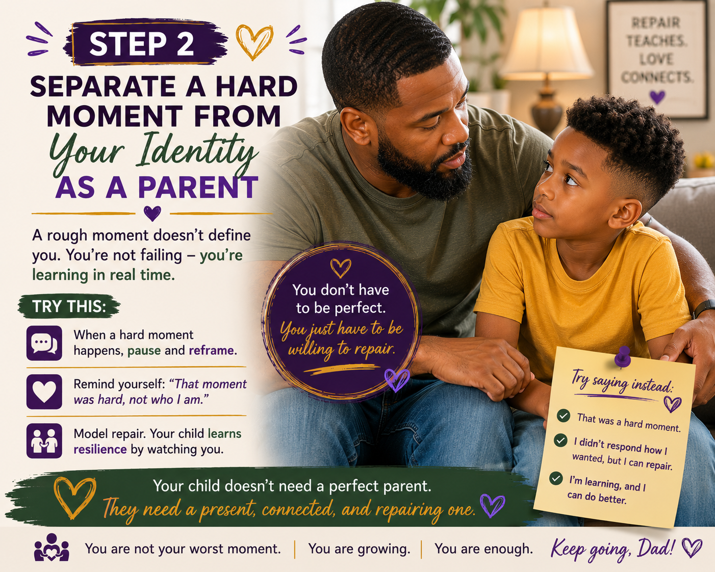 A father sitting with his son during a calm parenting conversation, teaching emotional repair and reminding parents to separate hard moments from their identity while building parenting confidence and emotional connection. A father sitting with his son during a calm parenting conversation, teaching emotional repair and reminding parents to separate hard moments from their identity while building parenting confidence and emotional connection.