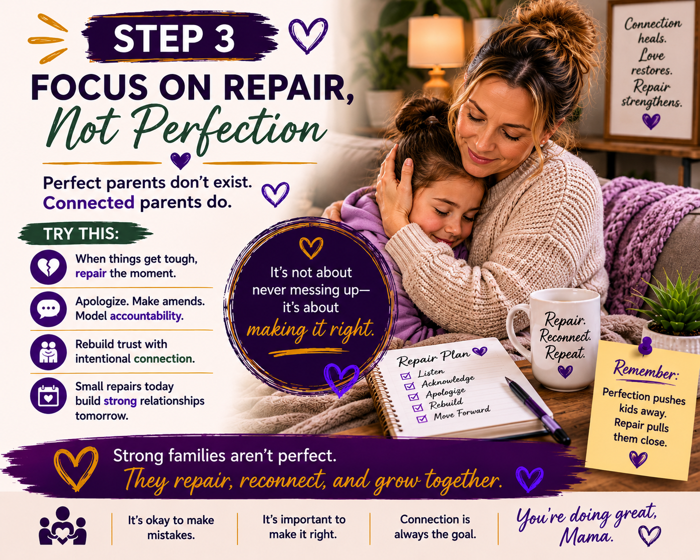 A mother hugging her child on a couch while practicing repair-based parenting, with educational text promoting Step 3 Focus on Repair Not Perfection, emotional reconnection, and calm parenting strategies. A mother hugging her child on a couch while practicing repair-based parenting, with educational text promoting Step 3 Focus on Repair Not Perfection, emotional reconnection, and calm parenting strategies.