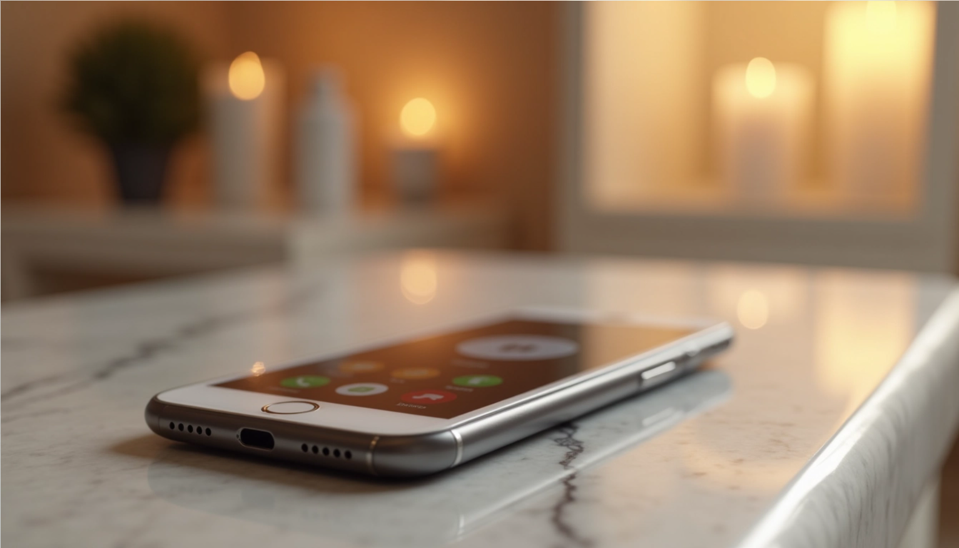 Smartphone on a spa counter showing a missed call notification