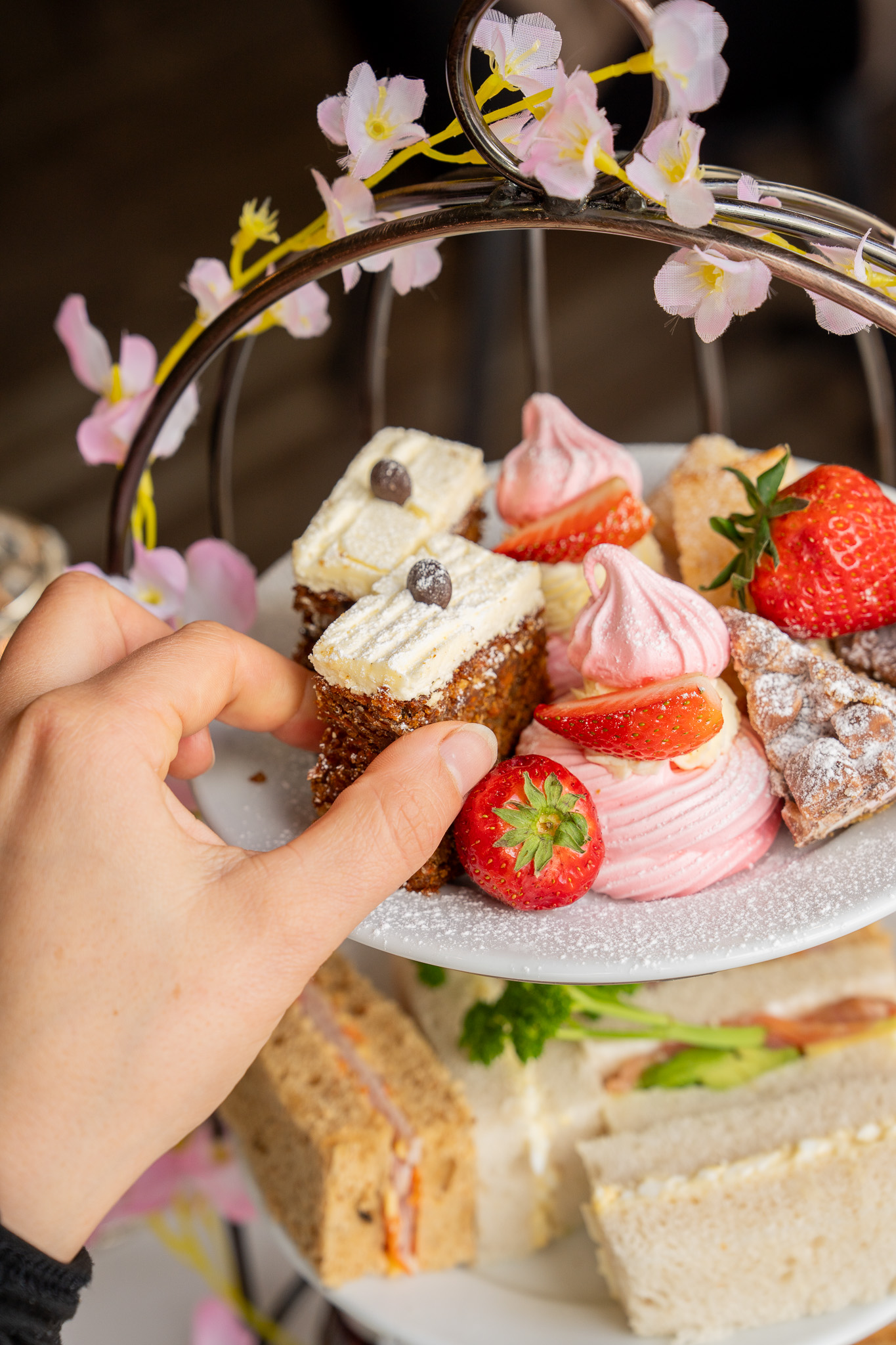 Afternoon tea served on a tiered stand at The Mulberry