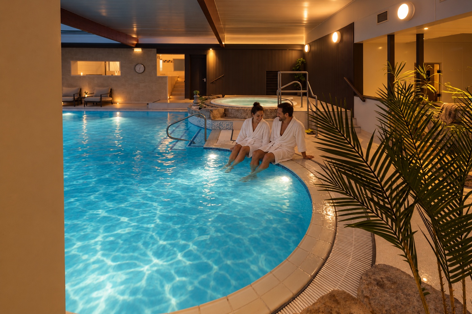 Guests relaxing with drinks at the twilight-lit spa pool