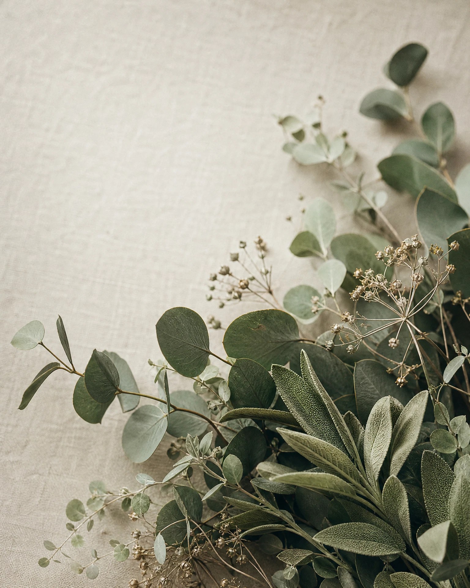 Eucalyptus and dried botanicals on linen