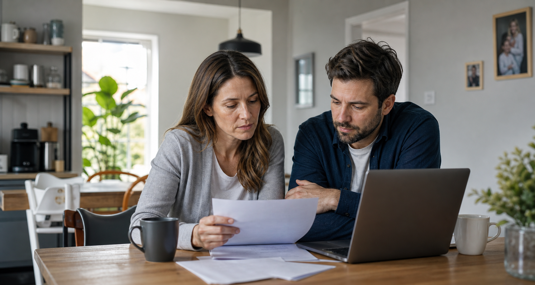 Couple de propriétaires analysant leurs paiements à la table de cuisine