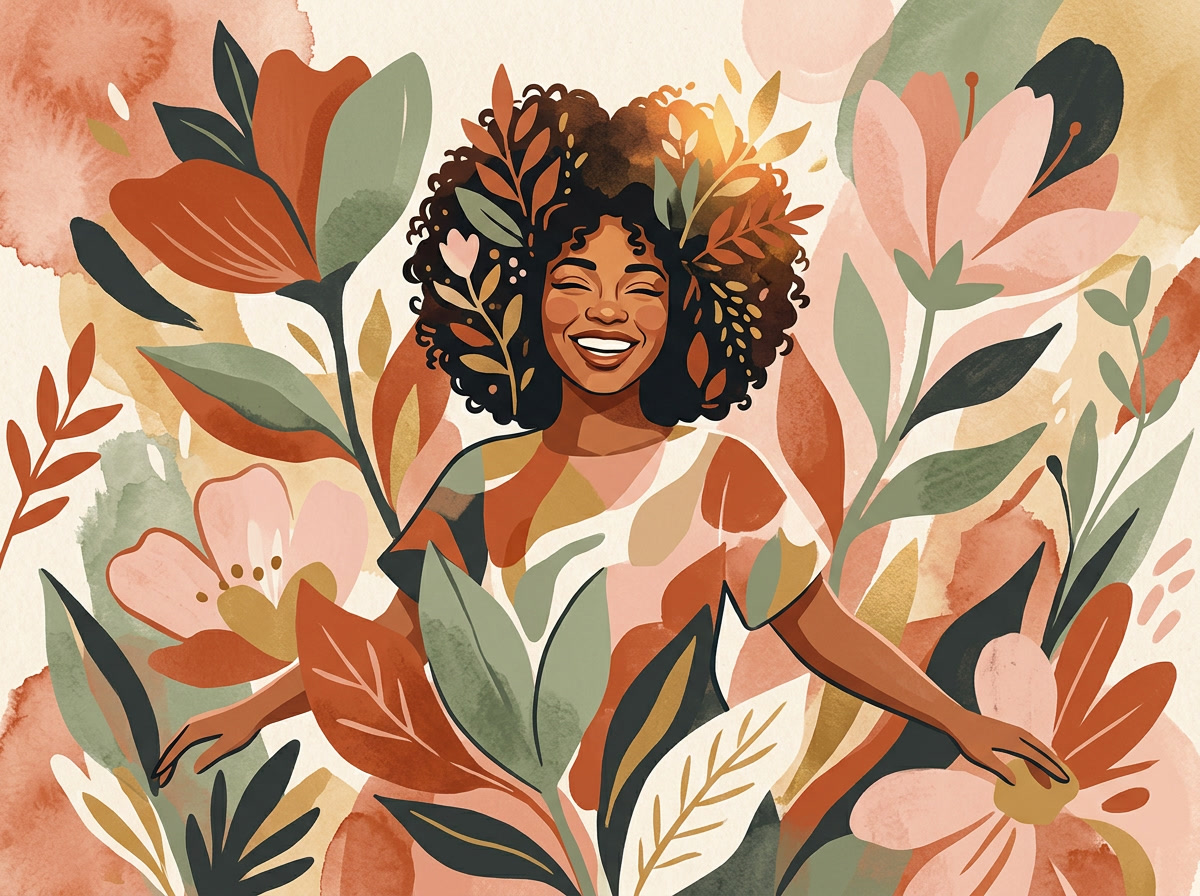 Woman laughing surrounded by flowers minimalist