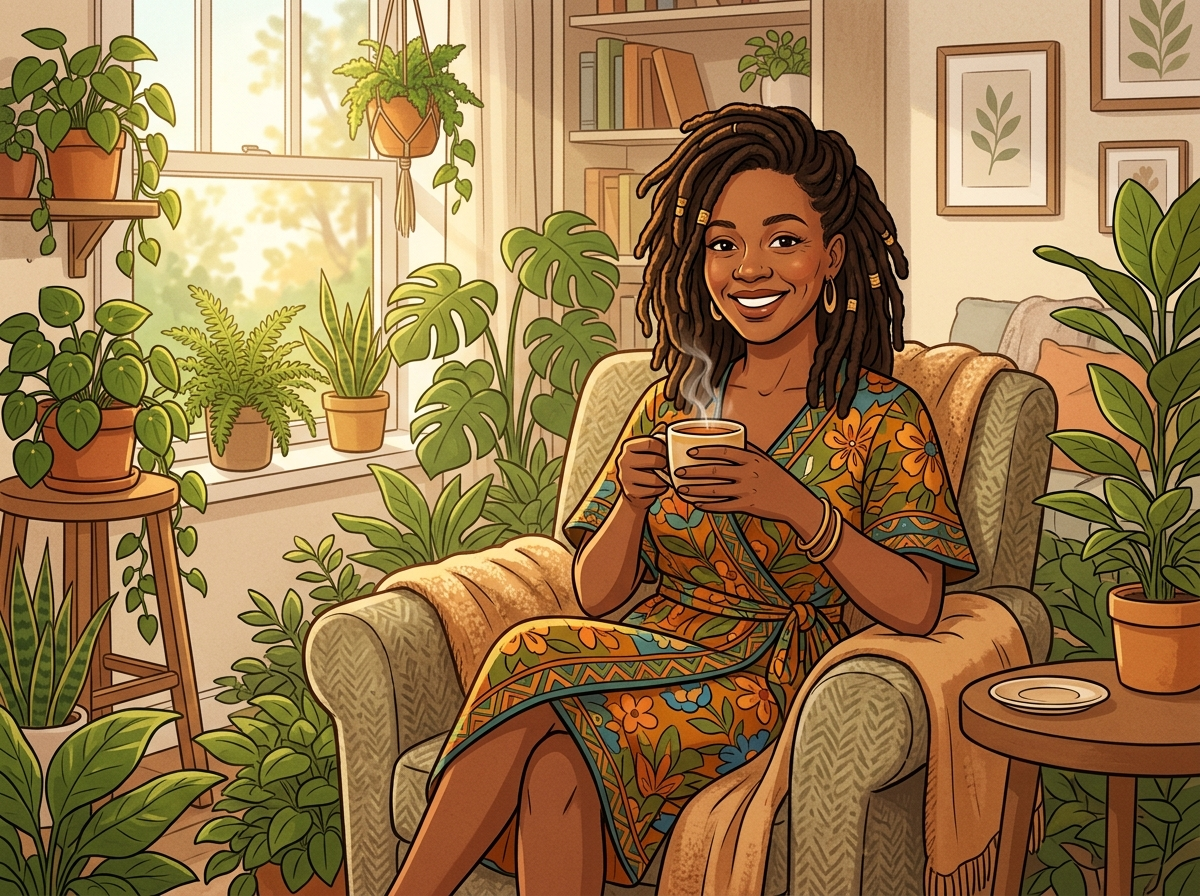 Woman with locs in floral dress enjoying morning tea