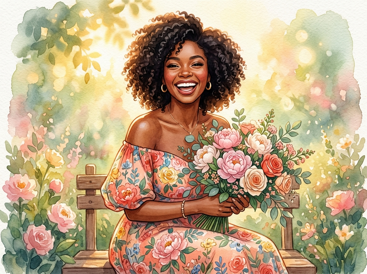 Joyful woman with bouquet in garden