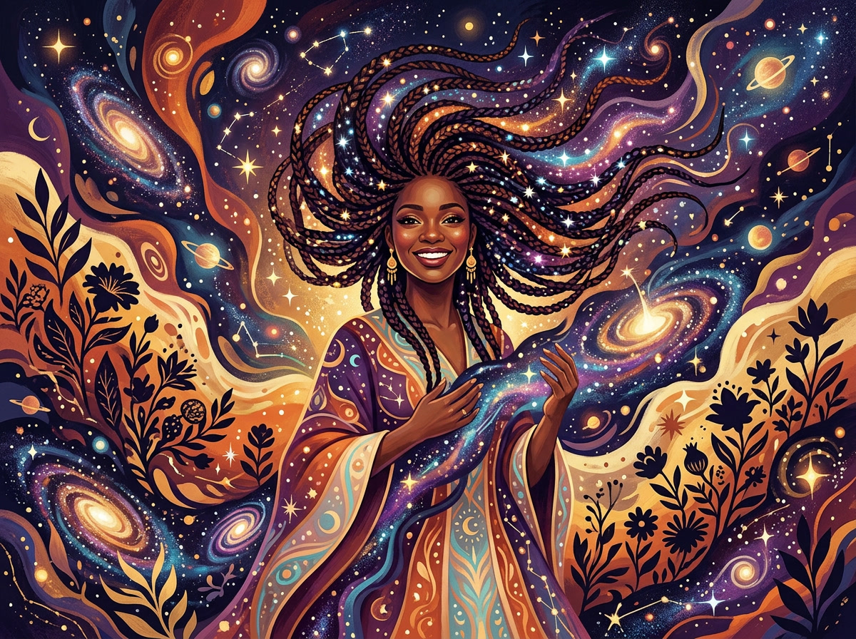 Woman with locs in bold African print enjoying tea