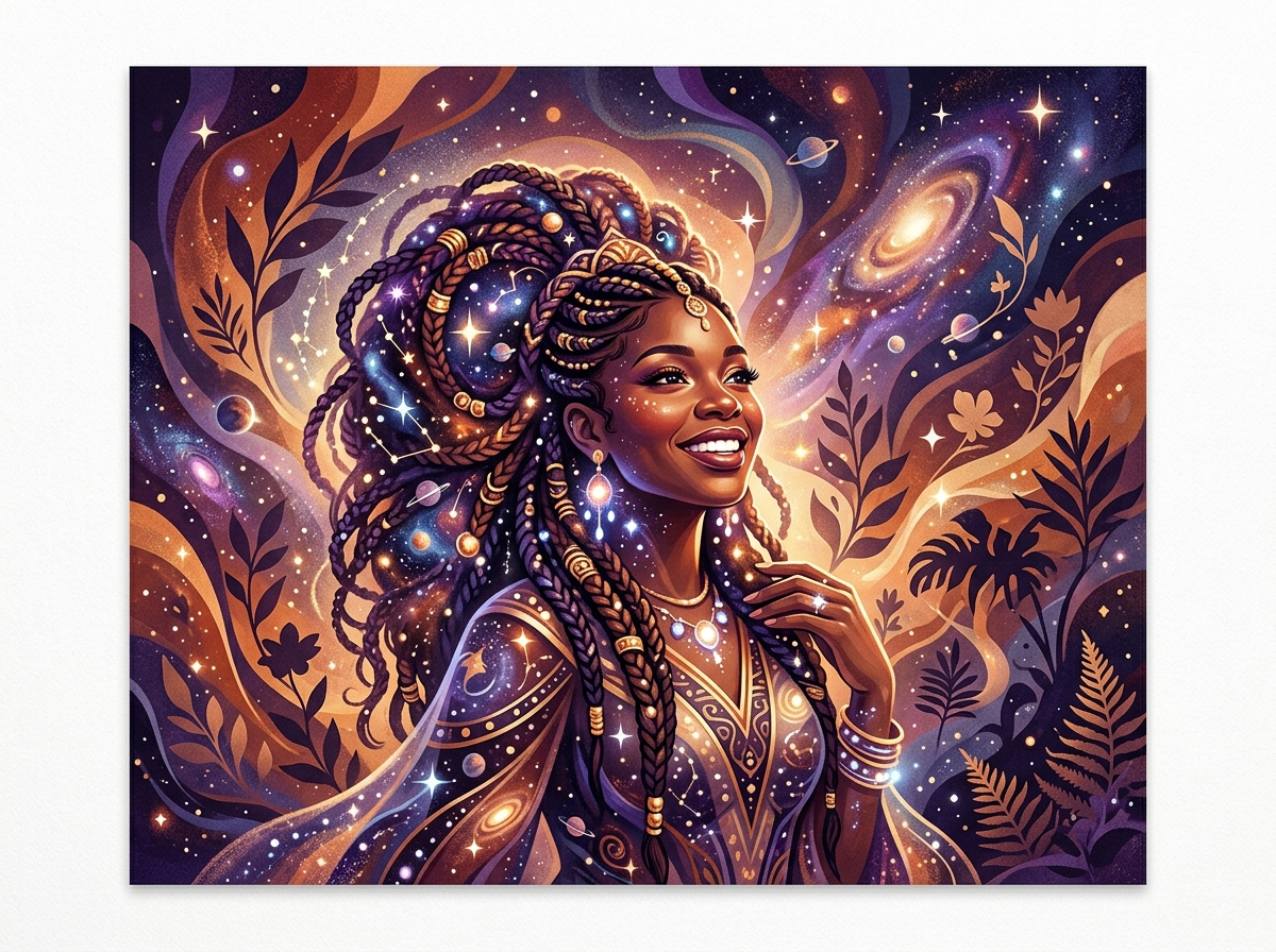 Woman dancing in cosmic galaxy setting