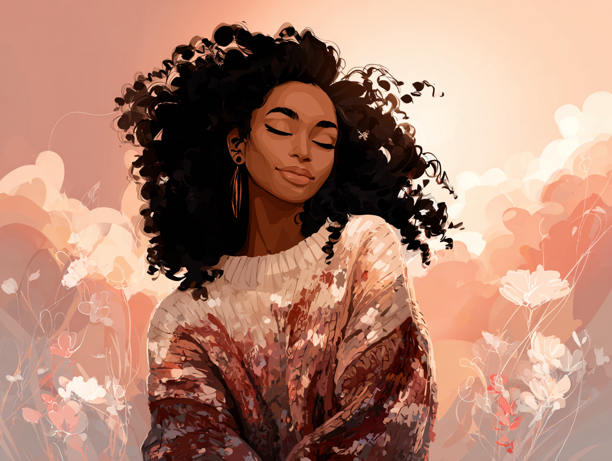 Black woman with curly hair and golden hoop earrings in amber glow