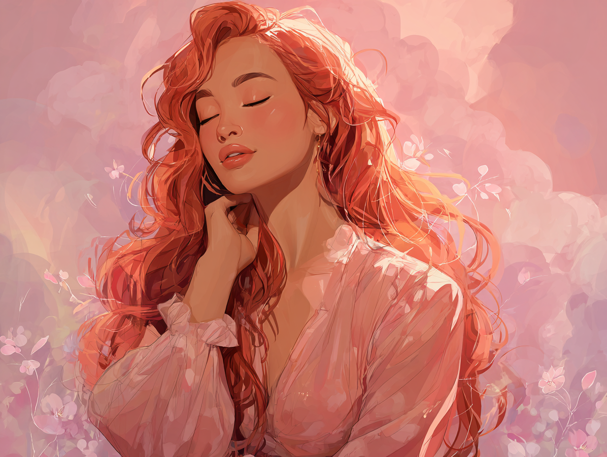 Woman with long dark hair in pink sakura blossom soft glow portrait