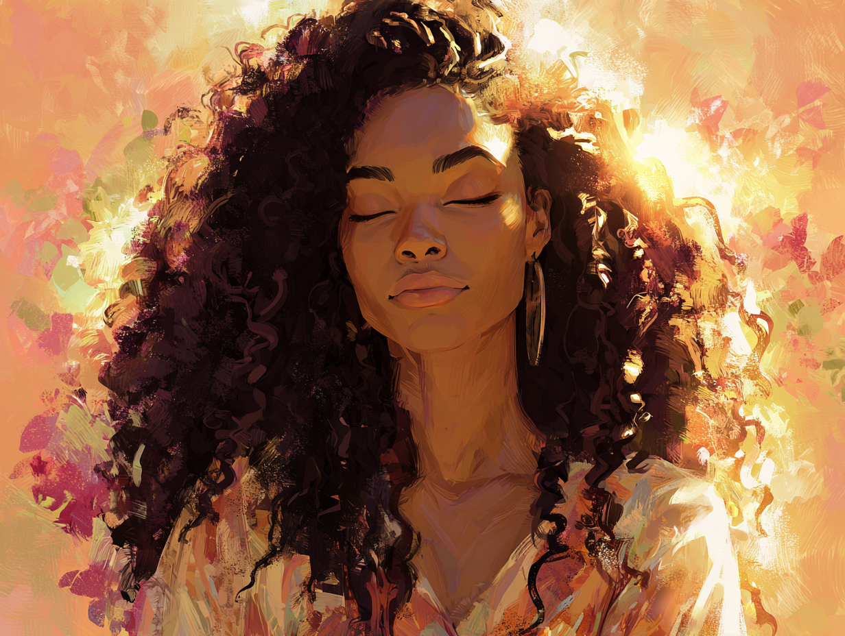 Black woman with natural curls in warm orange cozy sweater amber golden glow