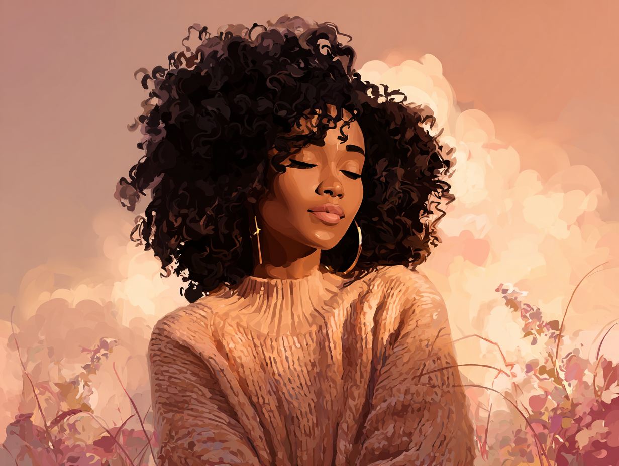 Latina woman with curly dark hair surrounded by orange marigold flowers