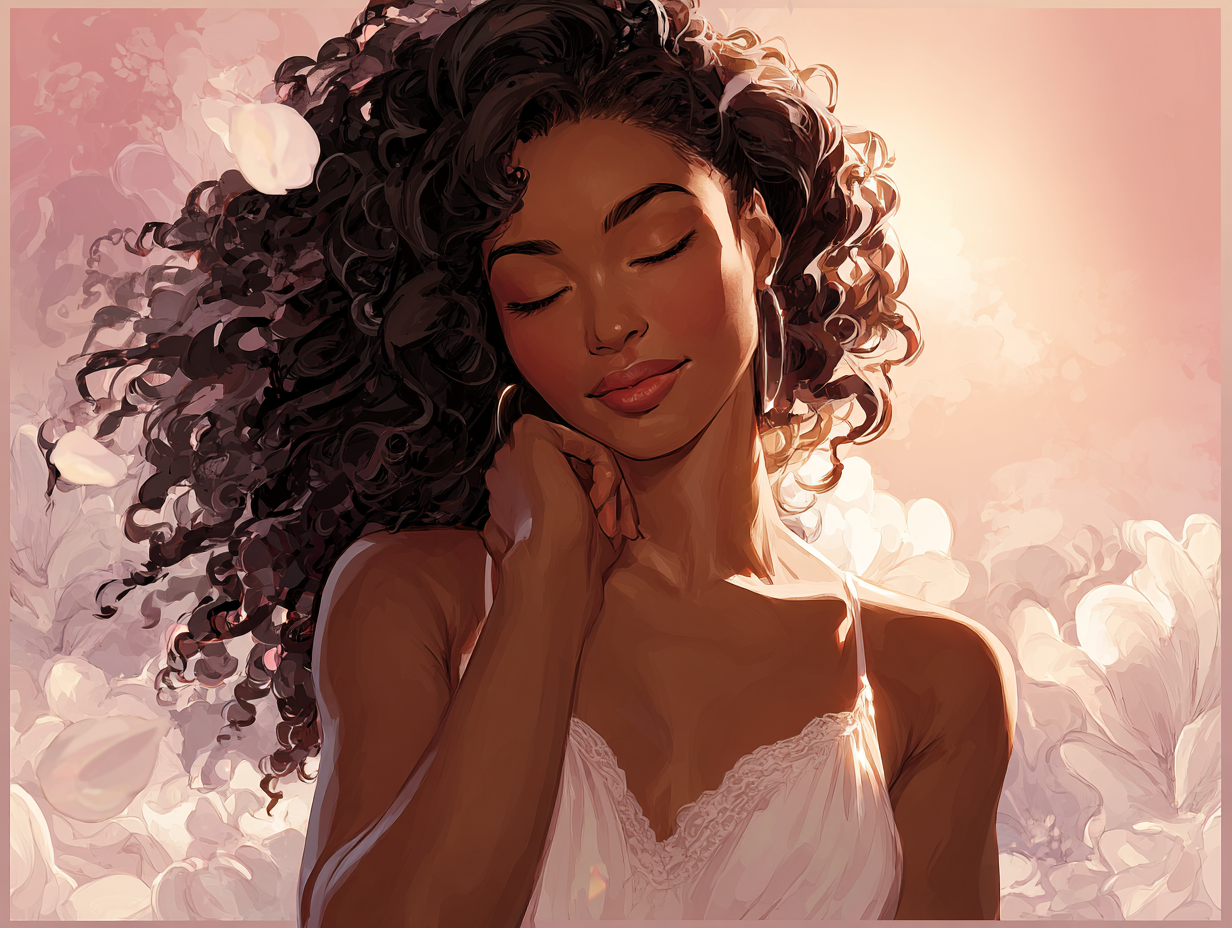 Black woman with dark curly hair in elegant white floral garden portrait