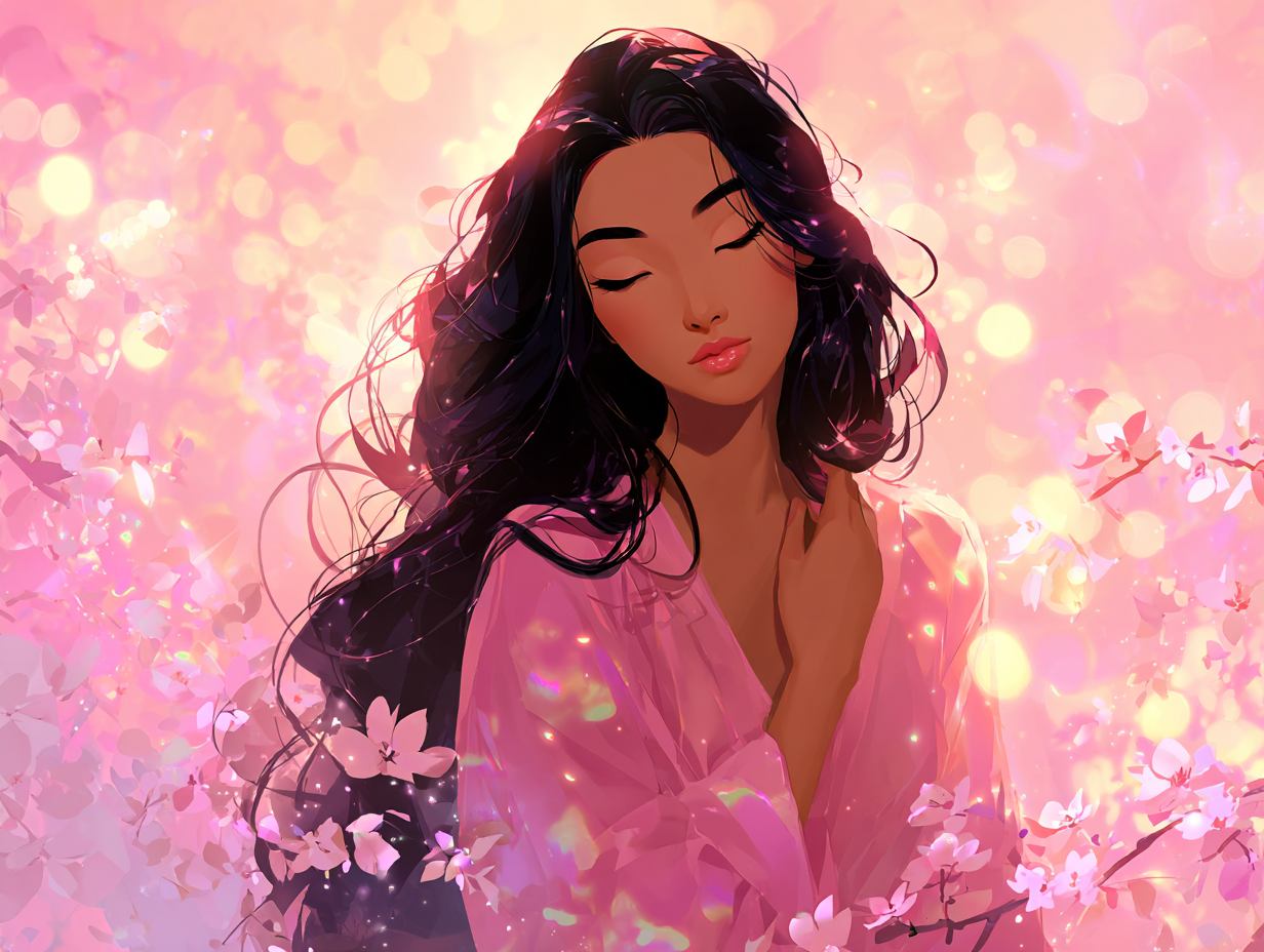 Woman with wavy auburn hair in lavender pink soft feminine portrait
