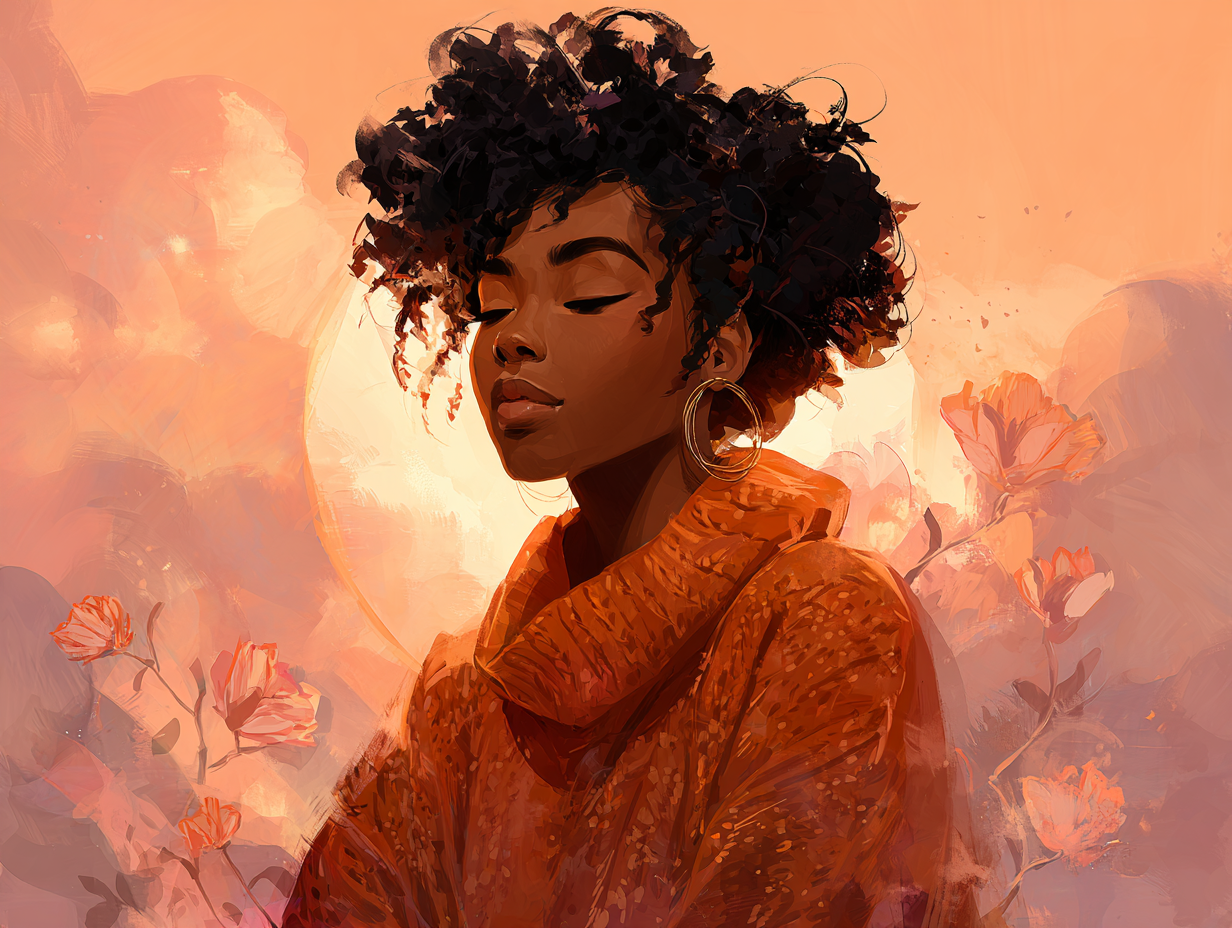Black woman with big natural curls in patterned cozy sweater soft floral background