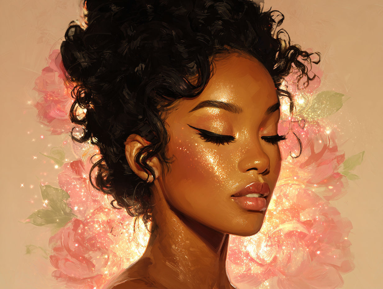 Black woman with long locs in pink kimono with scattered blossoms