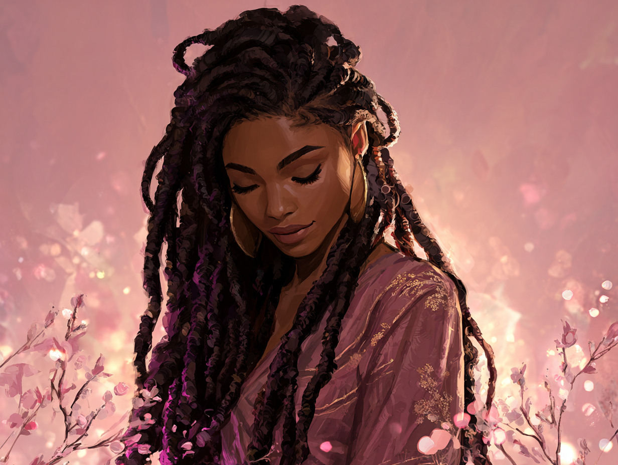 Black woman with long purple-toned locs surrounded by cherry blossoms
