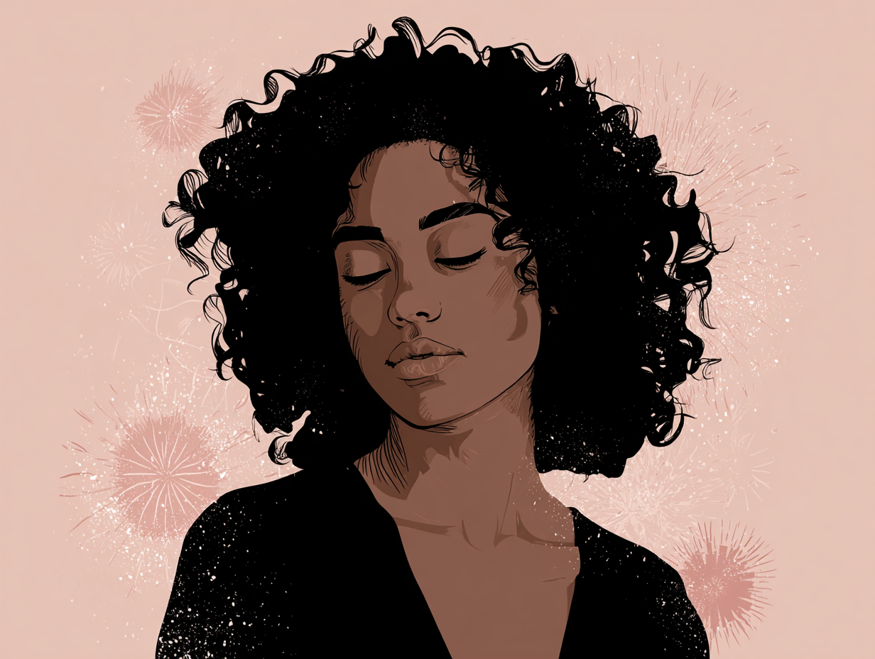 Black woman with curly updo glitter skin and pink roses background