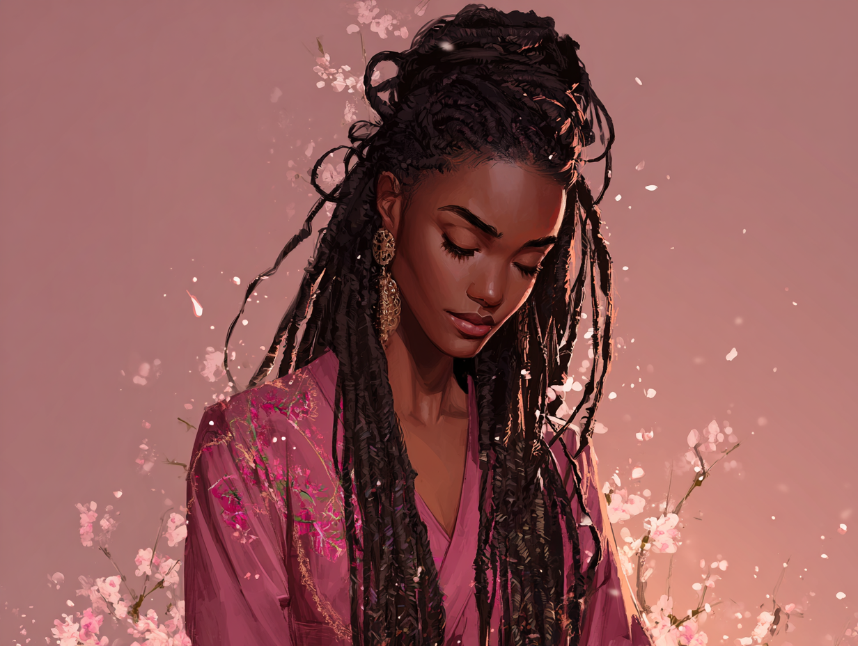 Woman with long dark hair surrounded by pink cherry blossom flowers dreamy background