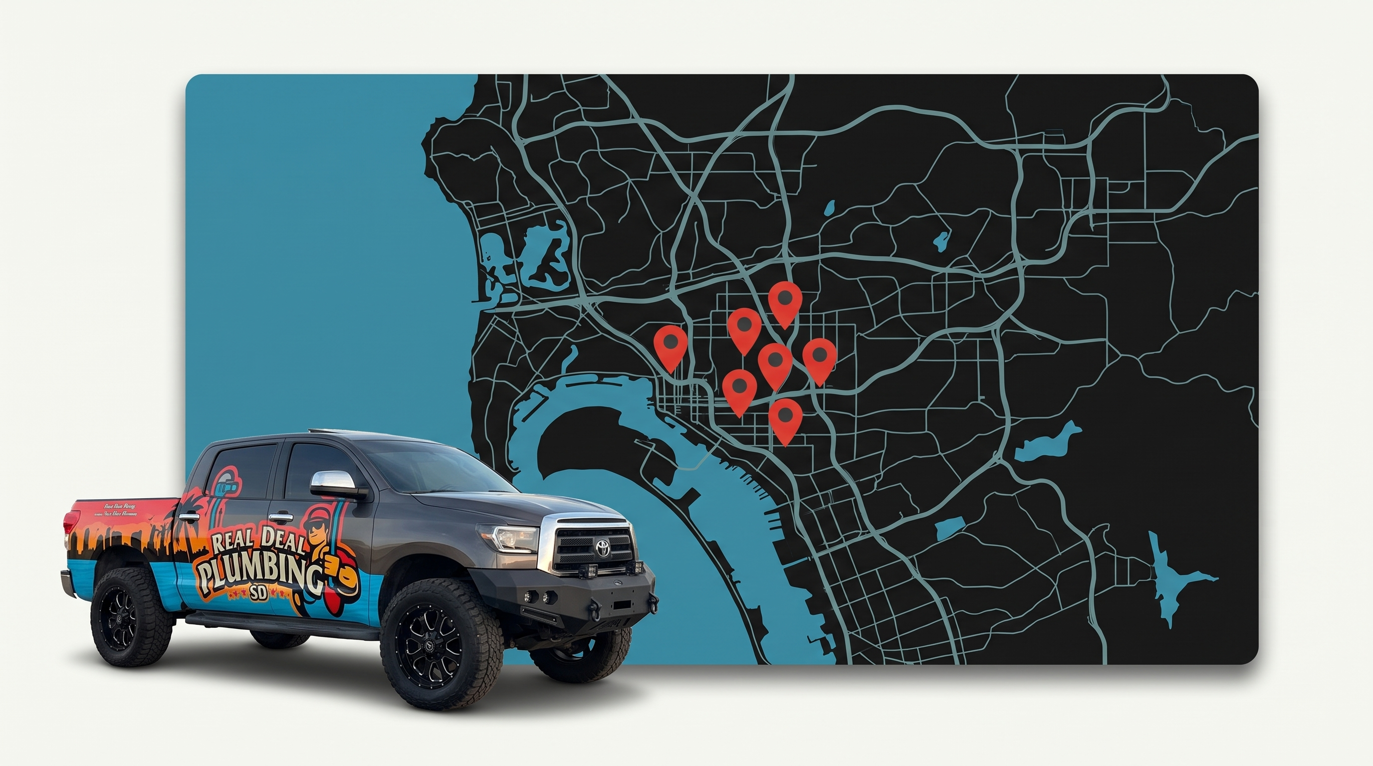 Map of the San Diego County area Real Deal Plumbing serves, with the branded truck alongside it
