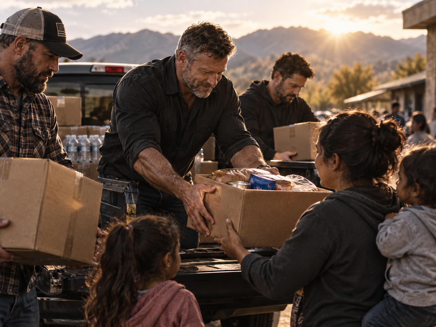 Volunteers distributing food and supplies to a family
