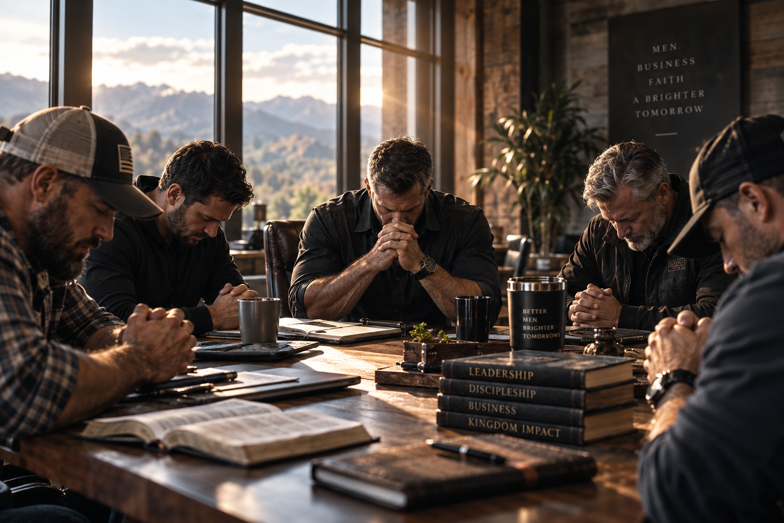 Kingdom entrepreneurs gathered around a table in prayer