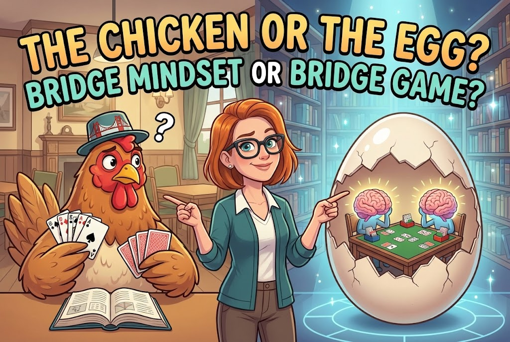 Cartoon of a chicken and a woman discussing the relationship between mindset and the bridge game. Cartoon of a chicken and a woman discussing the relationship between mindset and the bridge game.