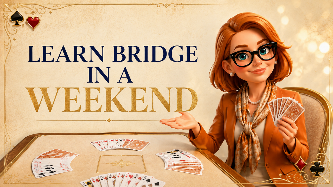 Learn Bridge in a Weekend, Tracey Bauer illustrated at a card table