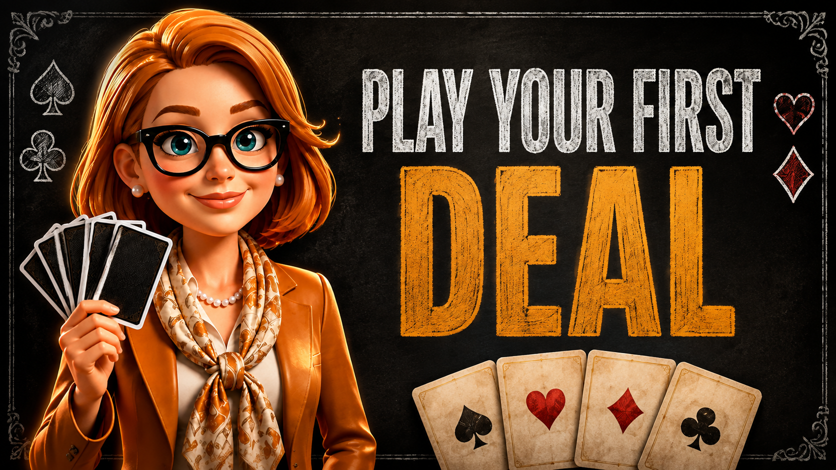Tracey Bauer, illustrated, at a chalkboard holding playing cards, with the words Play Your First Deal