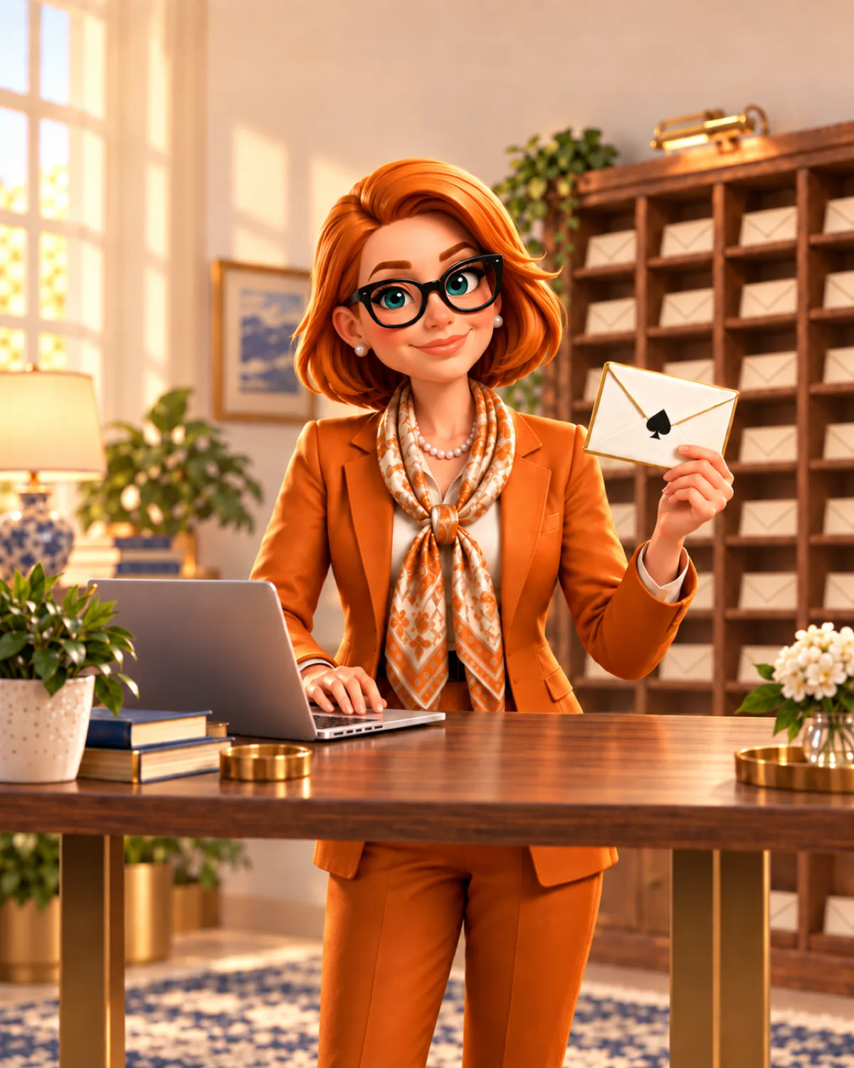 Tracey Bauer, illustrated, holding out an envelope in front of a letter rack