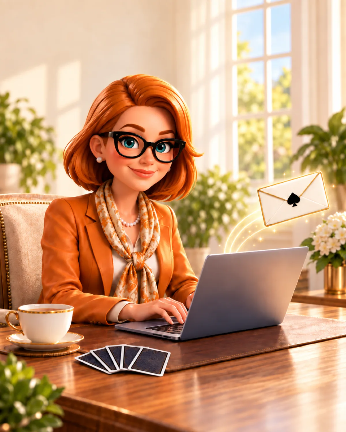 Tracey Bauer, illustrated, typing at her desk as an envelope lifts off her laptop