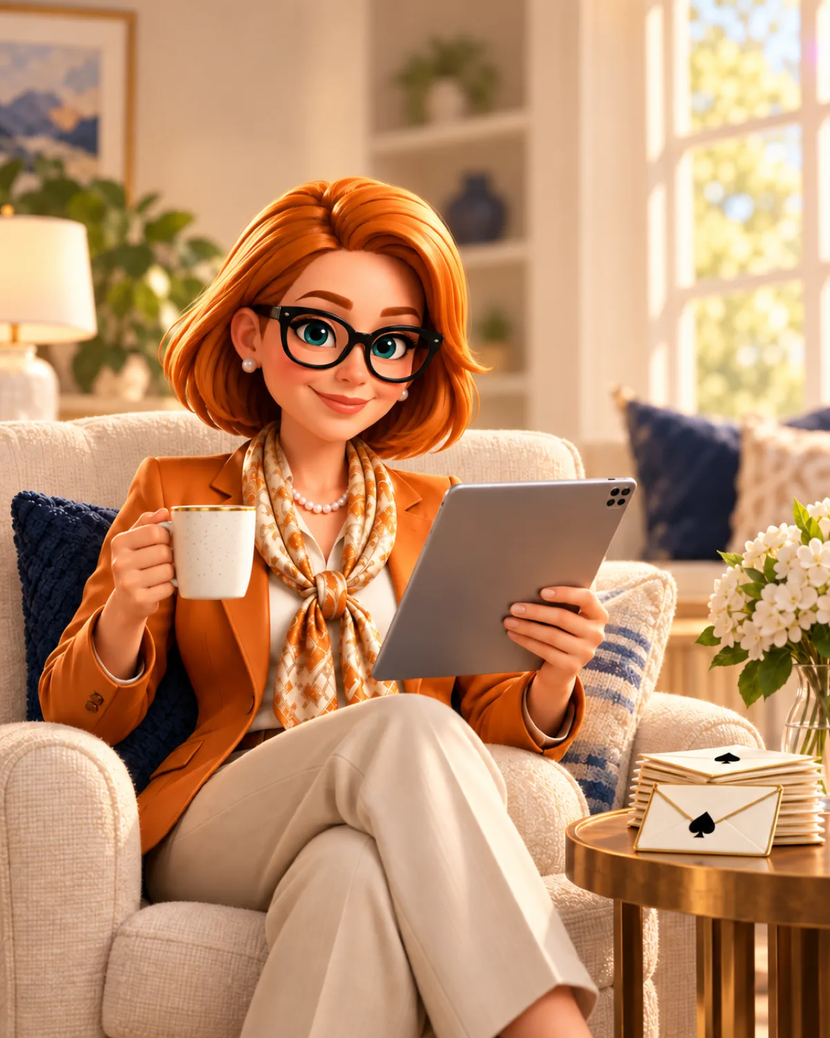 Tracey Bauer, illustrated, in an armchair with coffee and a tablet, a stack of envelopes beside her