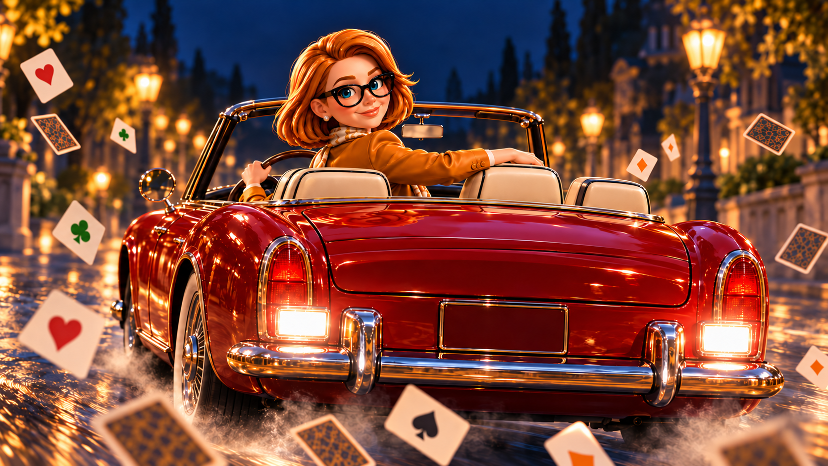 Tracey backing up a red convertible with playing cards falling around her