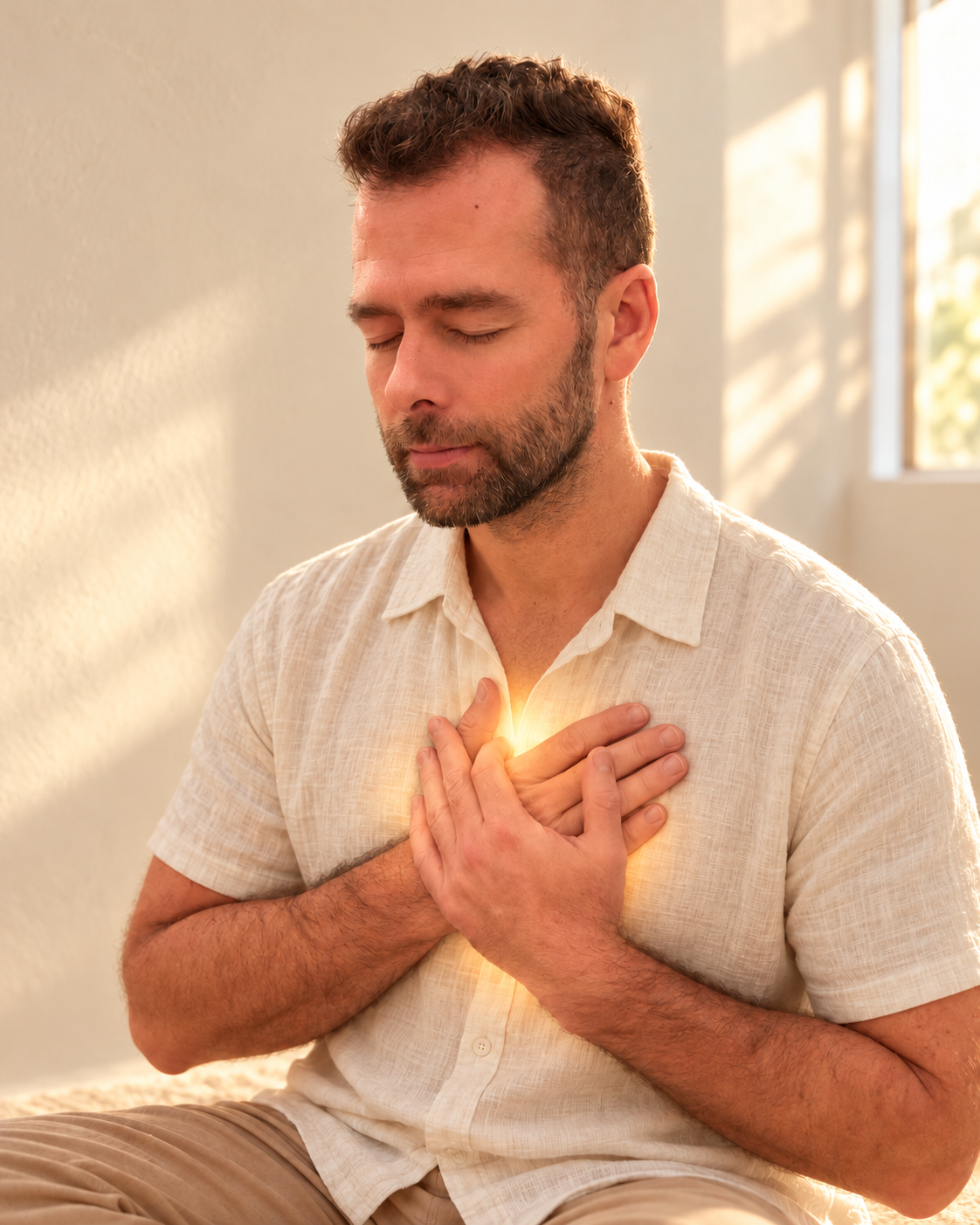 Jon Pinney with his eyes closed and hands over his chest, with a soft golden glow beneath his hands.