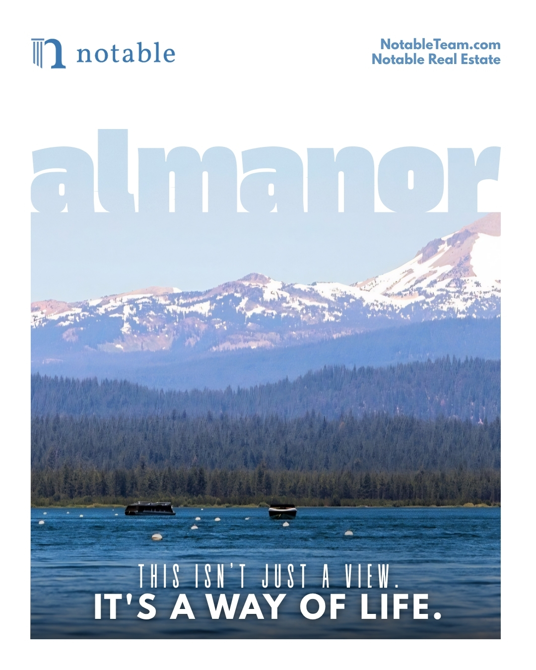 Notable Real Estate lifestyle graphic featuring a mountain and lake view