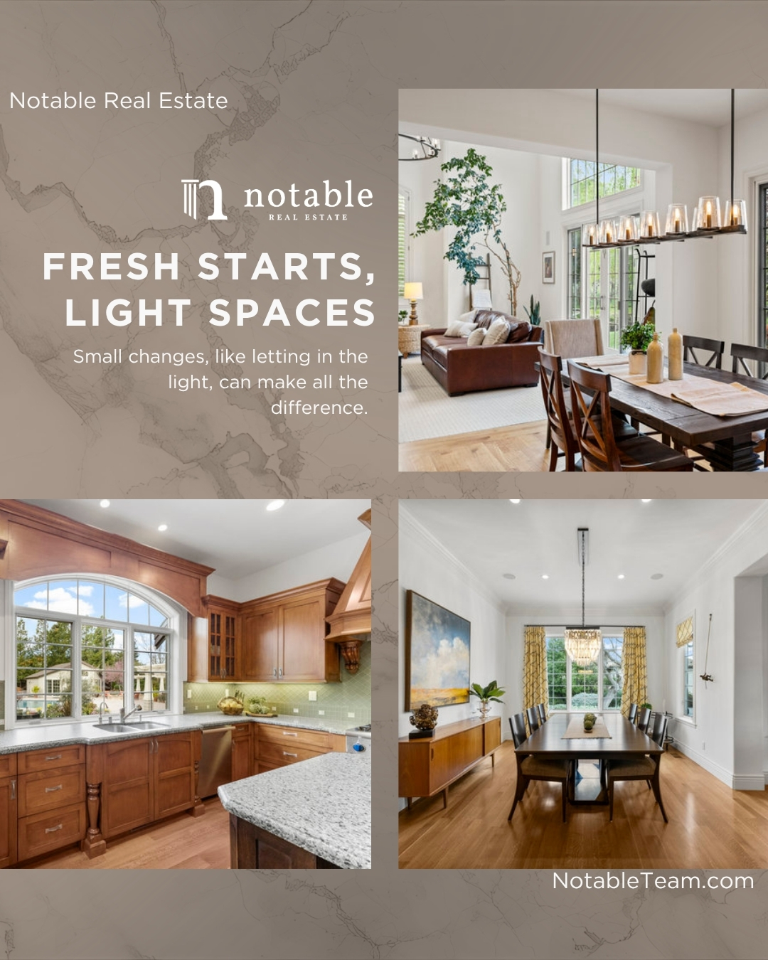 Notable Real Estate fresh starts graphic with bright residential interiors