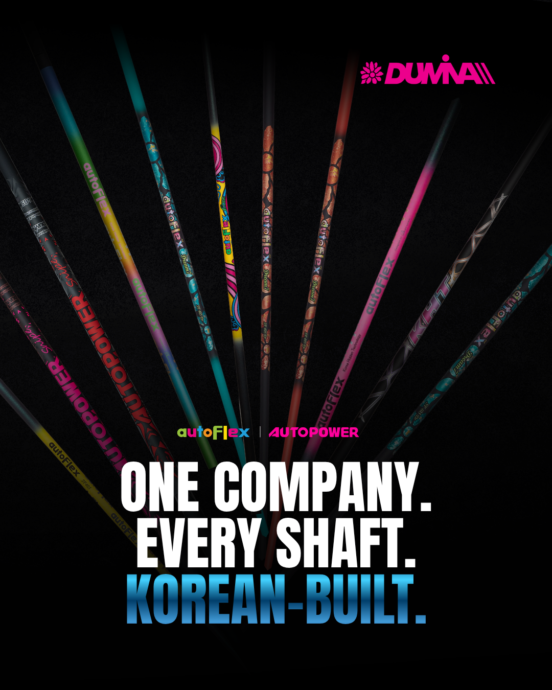 Dumina product graphic showing a collection of colorful golf shafts