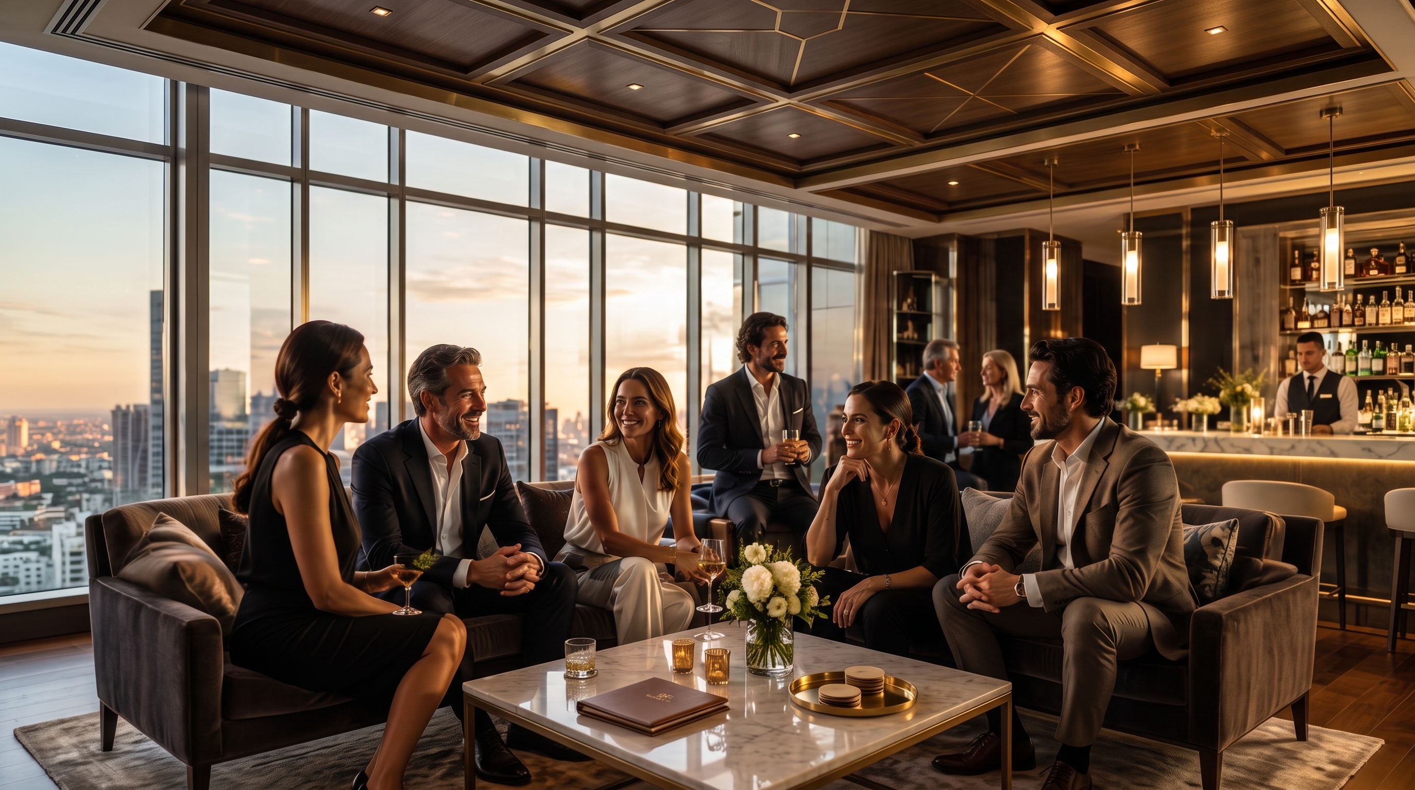 Grupo de propietarios de The Duxura Society reunidos, atardecer sobre la ciudad