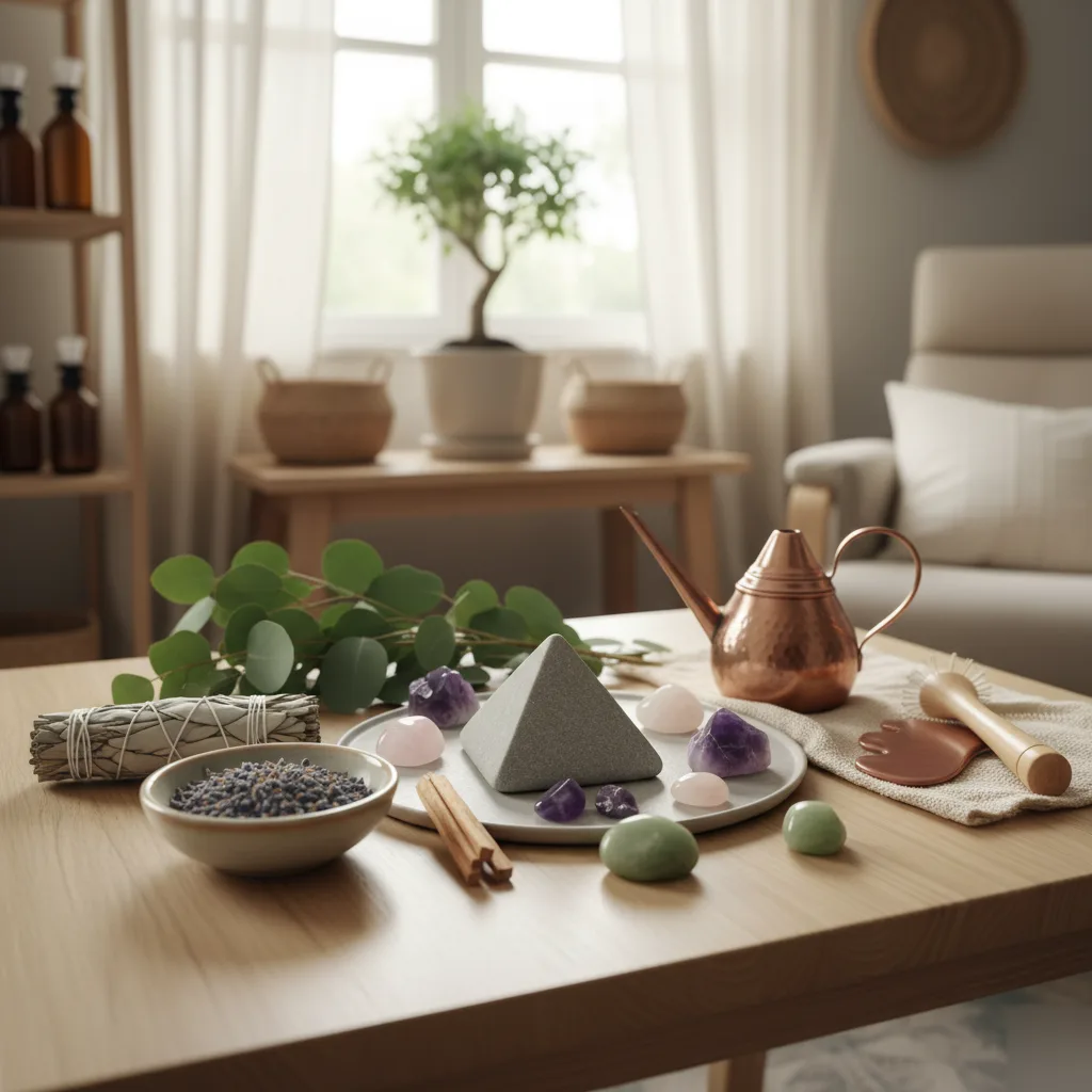 Holistic wellness tools including healing crystals, sage, lavender, and natural remedies arranged on a table in a calm treatment room
