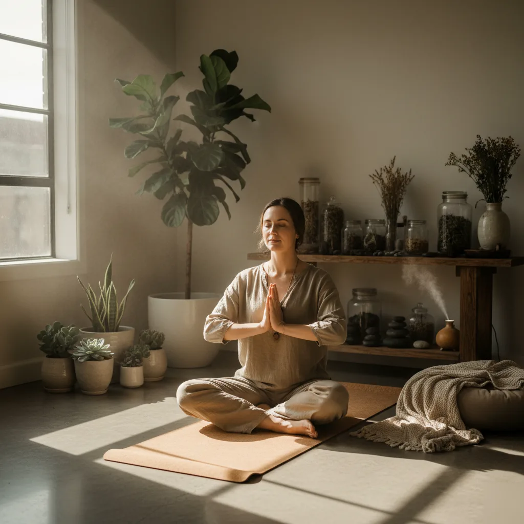 Woman meditating in a sunlit holistic wellness room surrounded by plants and herbal remedies on a yoga mat