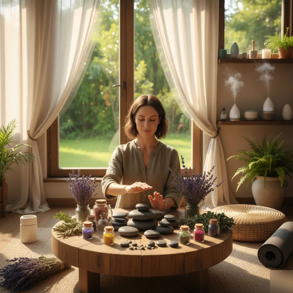 Woman practicing holistic healing techniques with stones and natural remedies in a bright wellness room in Rome, GA