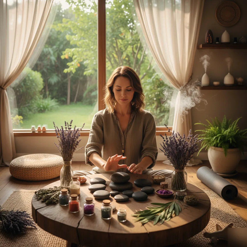 Woman working with healing stones and natural remedies during a holistic wellness session in a warm, plant-filled room